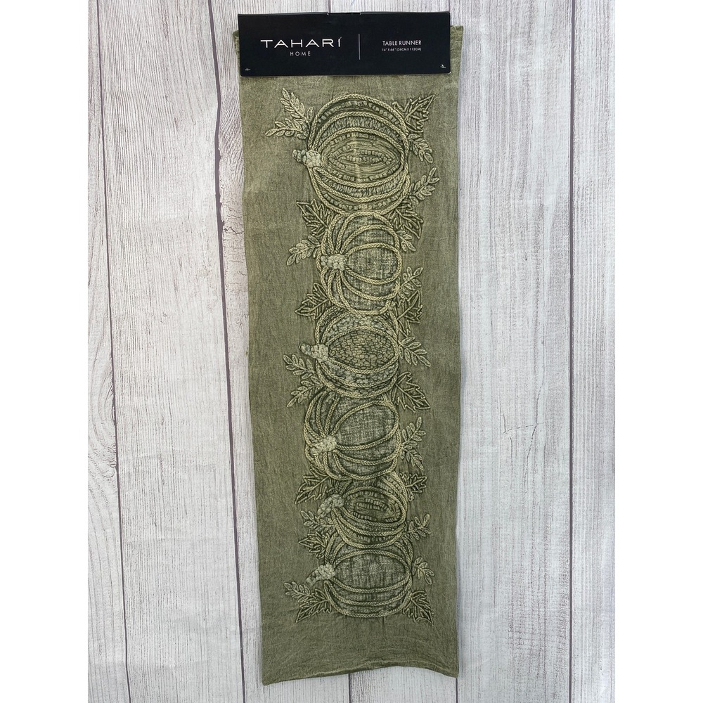Tahari Home Table Runner 14x44 Olive Green Embroidered Pumpkin Harvest Autumn